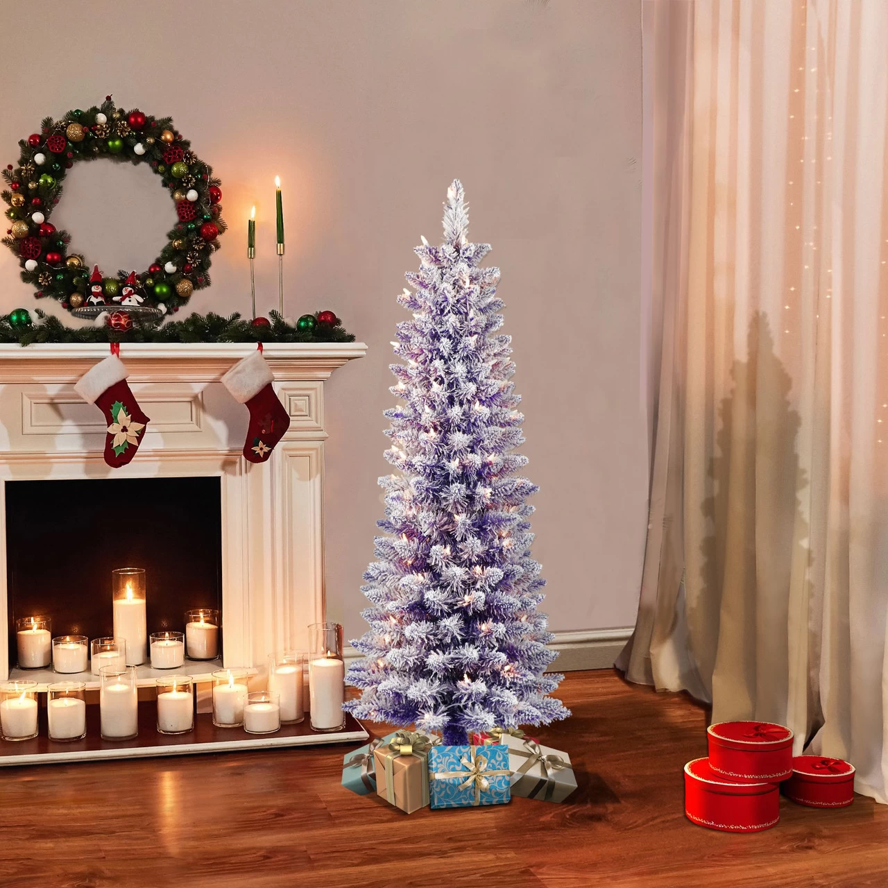 4.5' Pre-Lit Pencil Flocked Purple Artificial Christmas Tree, Clear Lights 4 4.5' Pre-Lit Pencil Flocked Purple Artificial Christmas Tree, Clear Lights - Image 2