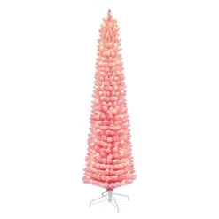 6.5' Pre-lit Flocked Fashion Pink Pencil Artificial Christmas Tree, Clear Lights