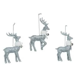 Set Of 3 Silver Shimmer Fur Collar Reindeer Christmas Ornaments 5"
