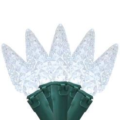 35 Battery Operated White Faceted LED C6 Christmas Lights - 11 Ft Green Wire