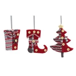12 Red And Gray Knit-Look Gift Box, Stocking And Tree Christmas Ornaments 4.75"