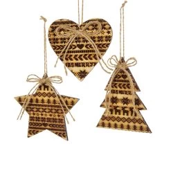 Club Pack Of 24 Wooden Brown Heart, Star And Tree Shaped Hanging Ornaments 4.33"