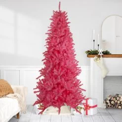 7.5' Pre-Lit Pink Tinsel Slim Artificial Christmas Tree - Pink Lights