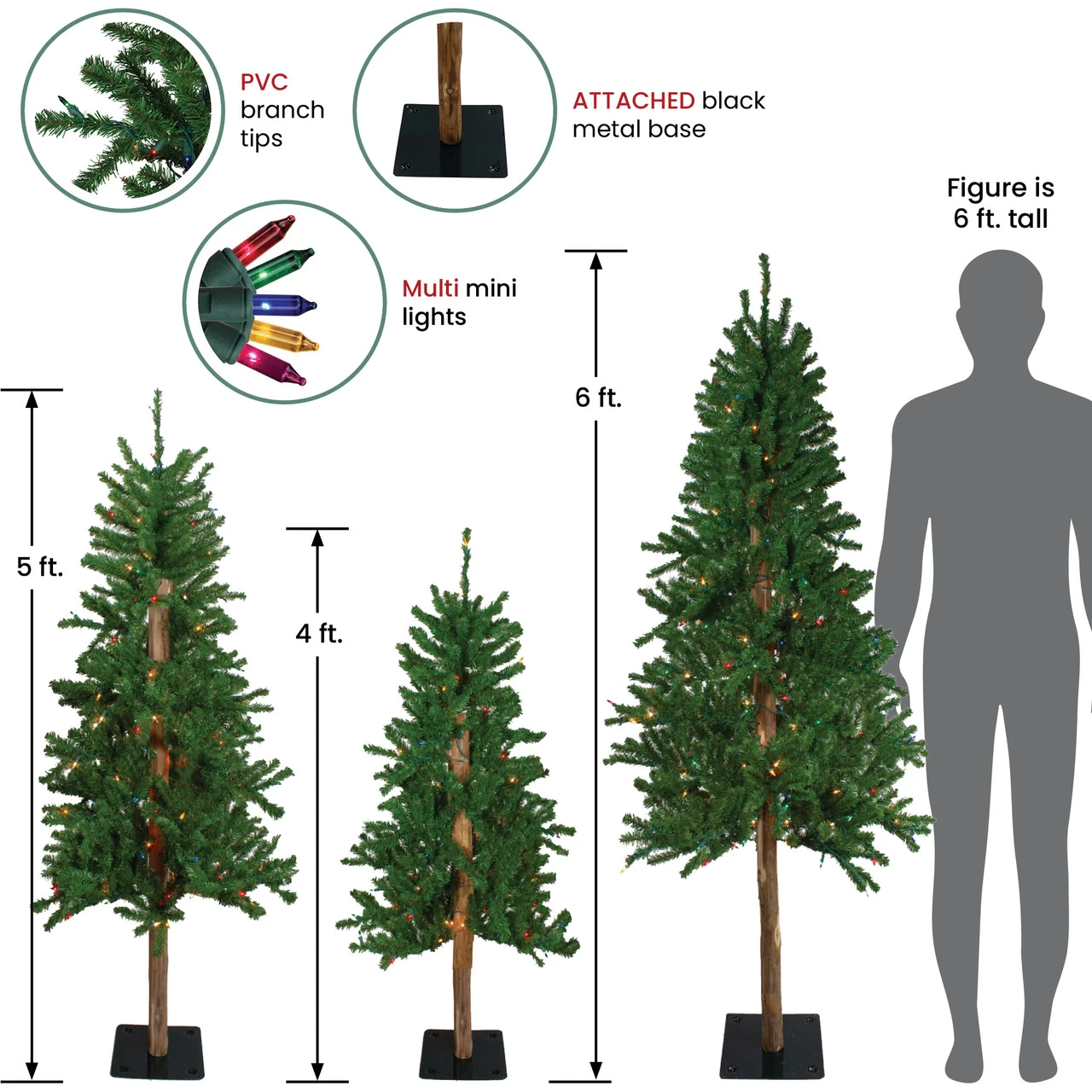 Set Of 3 Pre-Lit Slim Alpine Artificial Christmas Trees 6' - Multi Lights 4 Set Of 3 Pre-Lit Slim Alpine Artificial Christmas Trees 6' - Multi Lights - Image 2