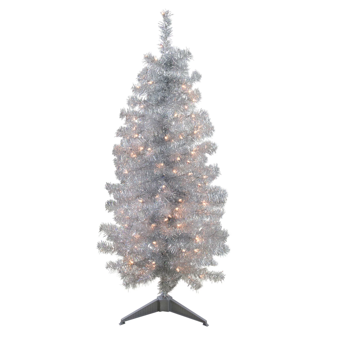 4' X 22" Pre-Lit Slim Silver Artificial Tinsel Christmas Tree - Clear Lights 3 4' X 22" Pre-Lit Slim Silver Artificial Tinsel Christmas Tree - Clear Lights