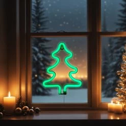 9.5" Green Christmas Tree LED Neon Style Window Silhouette