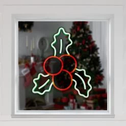 12" LED Lighted Neon Style Holly Berries Christmas Window Silhouette