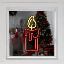 12" Red LED Lighted Neon Style Red Candle Christmas Window Silhouette
