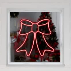 15" Red LED Lighted Neon Style Bow Christmas Window Silhouette