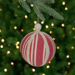 Red Striped And Ribboned Christmas Ball Ornament 6.75" (170mm)