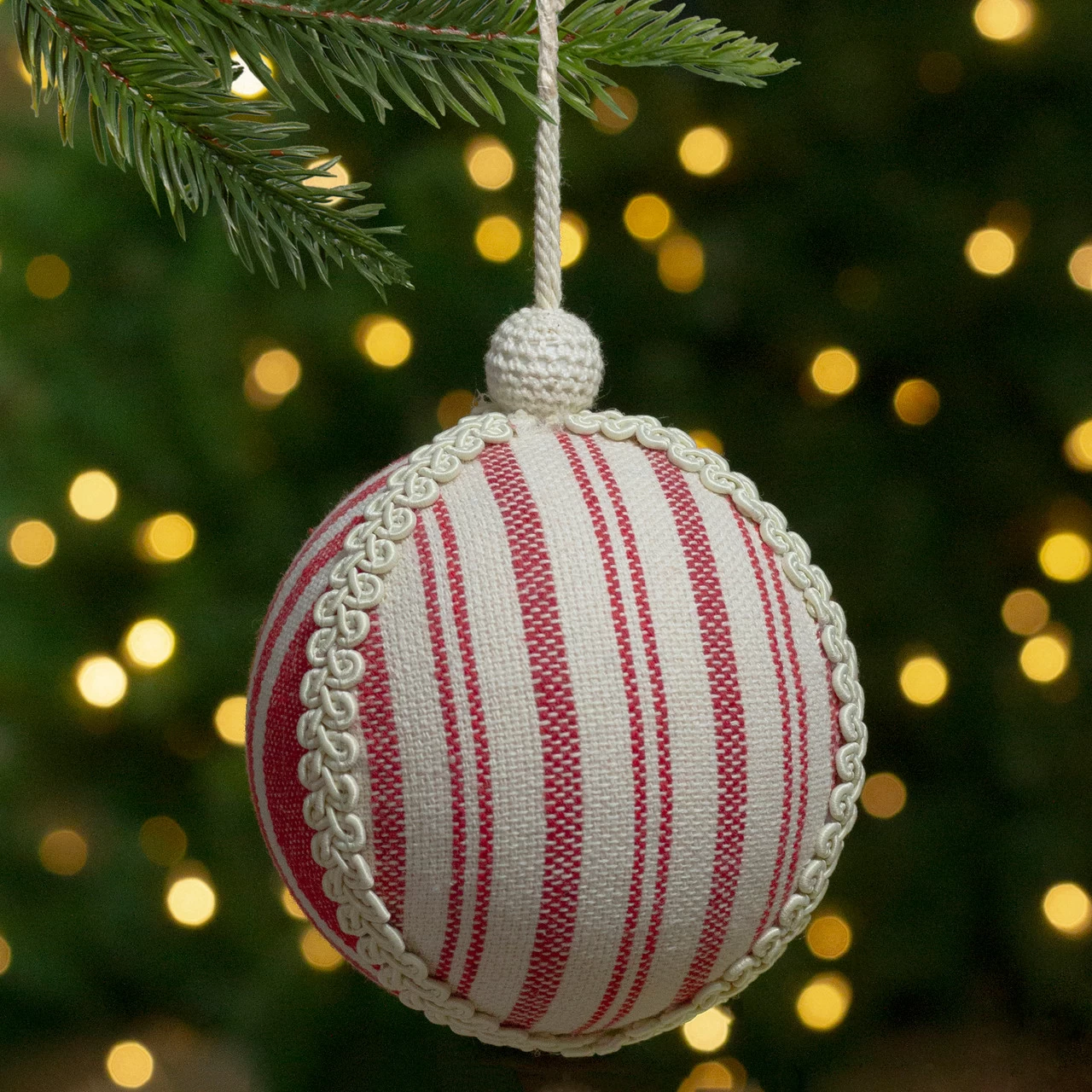 4.75" White And Red Striped Ball Christmas Ornament With Rope Accent 4 4.75" White And Red Striped Ball Christmas Ornament With Rope Accent - Image 2