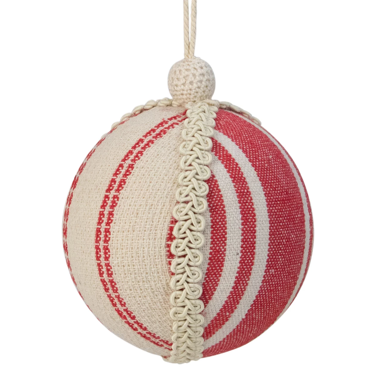 4.75" White And Red Striped Ball Christmas Ornament With Rope Accent 3 4.75" White And Red Striped Ball Christmas Ornament With Rope Accent