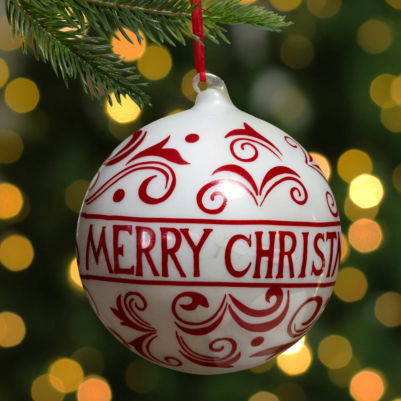 6" Red And White Merry Christmas Glass Ball Ornament 4 6" Red And White Merry Christmas Glass Ball Ornament - Image 2