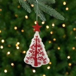 6" White And Red Christmas Tree Glass Ornament