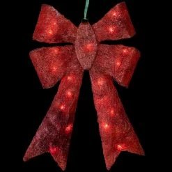 23" Lighted Sparkling Red Sisal Double Bow Outdoor Christmas Decoration