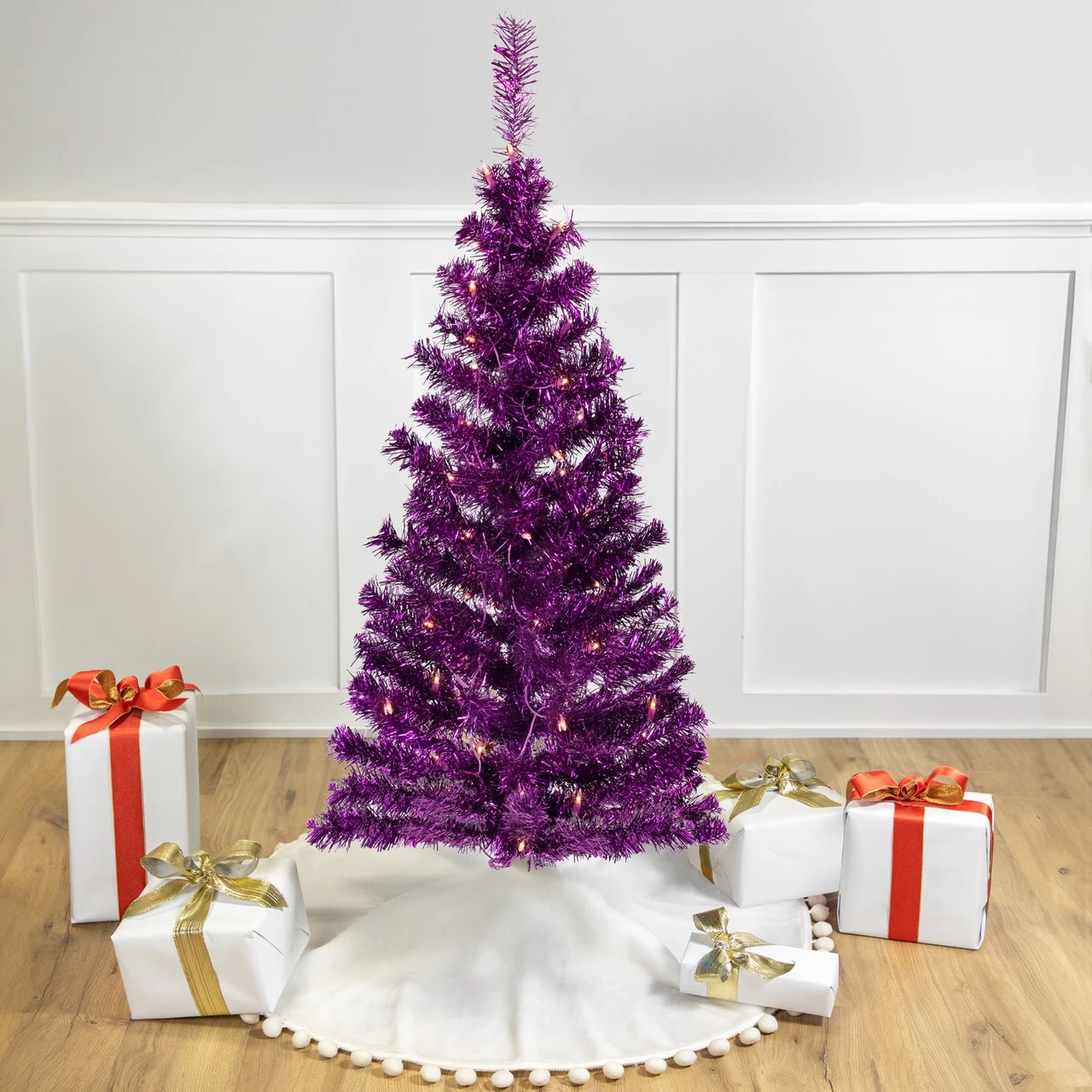 4' Pre-Lit Purple Tinsel Artificial Christmas Tree- Clear Lights, Purple Wire 3 4' Pre-Lit Purple Tinsel Artificial Christmas Tree- Clear Lights, Purple Wire