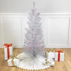 4' Pre-lit White Iridescent Pine Artificial Christmas Tree - Pink Lights
