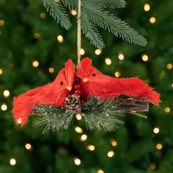 8" Double Cardinal And Pine Needle Branch Hanging Christmas Ornament