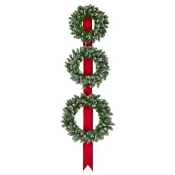 Set Of 3 Pre-Lit B/O Flocked Wreaths On Red Ribbon Christmas Decoration, 6.5'