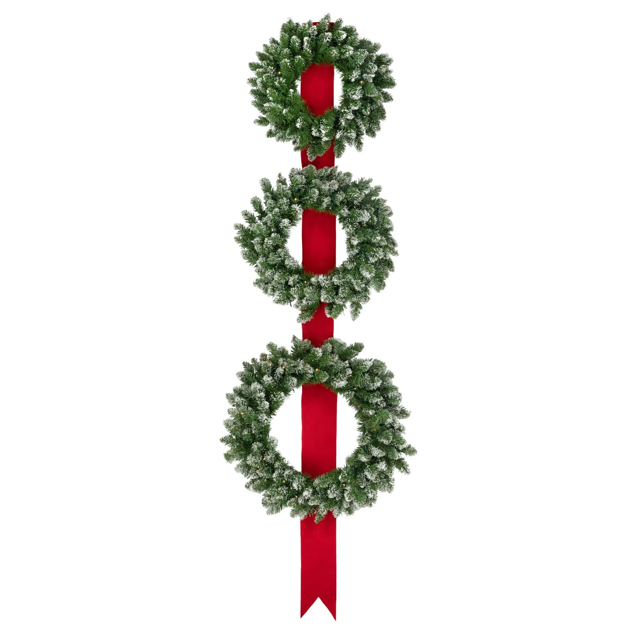 Set Of 3 Pre-Lit B/O Flocked Wreaths On Red Ribbon Christmas Decoration, 6.5' 3 Set Of 3 Pre-Lit B/O Flocked Wreaths On Red Ribbon Christmas Decoration, 6.5'