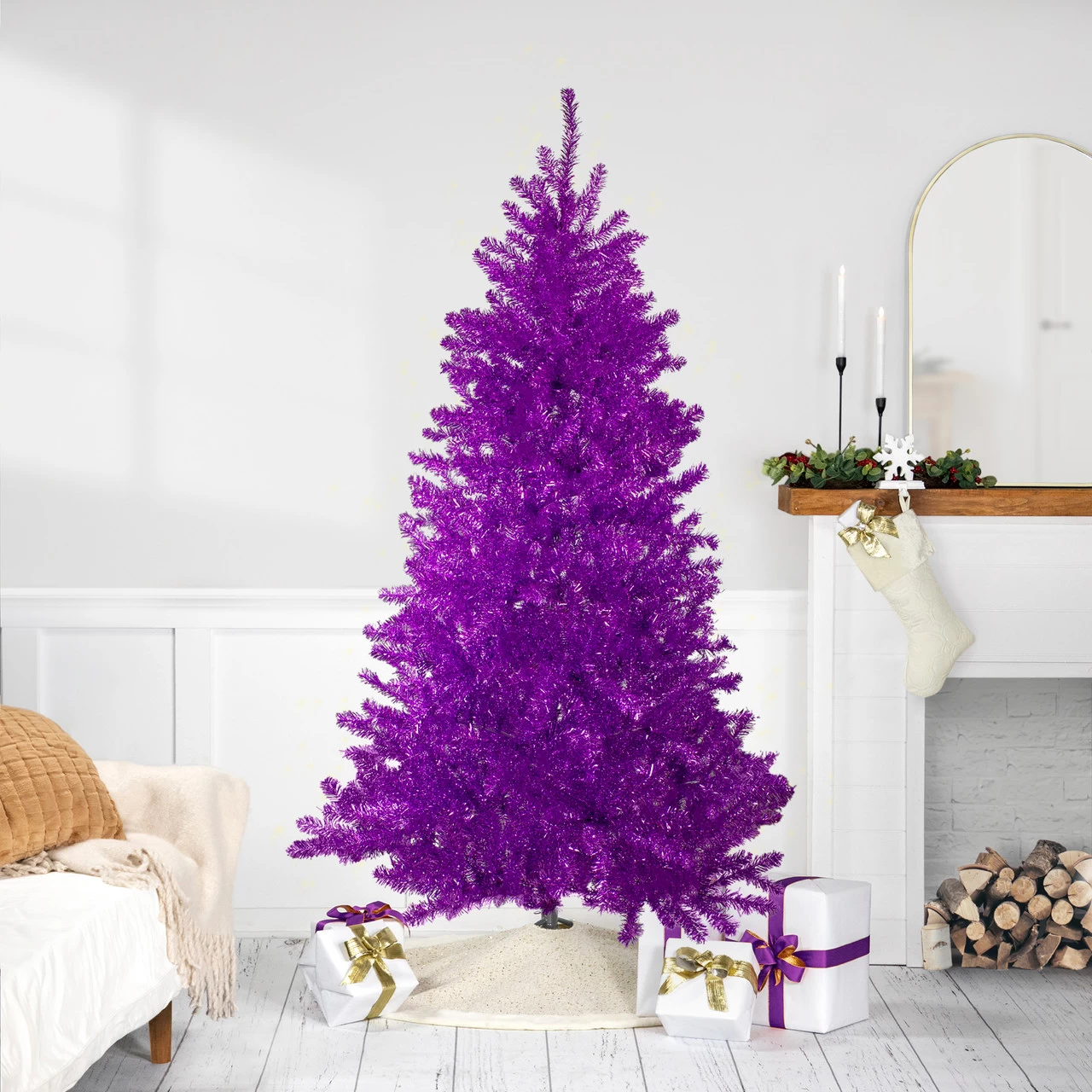 7' Metallic Purple Tinsel Artificial Christmas Tree - Unlit 3 7' Metallic Purple Tinsel Artificial Christmas Tree - Unlit