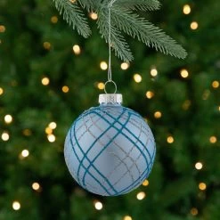 4ct Blue And Silver Plaid Glitter Glass Christmas Ornament Ball Set 2.75" (70mm)