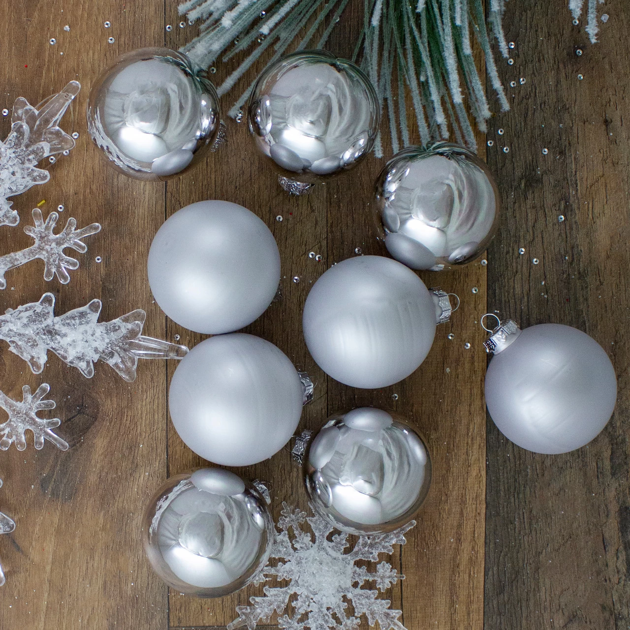 9ct Silver 2-Finish Glass Christmas Ball Ornaments 2.5" (65mm) 4 9ct Silver 2-Finish Glass Christmas Ball Ornaments 2.5" (65mm) - Image 2