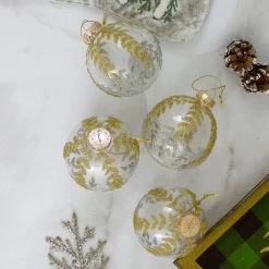4ct Clear And Gold Glitter Leaves Glass Christmas Ball Ornament 3.25" (80mm) -Christmas Decoration Store northlight wy27602 3 54209.1667657971