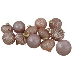 Set Of 12 Blush Pink Finial And Glass Ball Christmas Ornaments