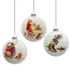 Set Of 3 Norman Rockwell Glass Christmas Disc Ornament