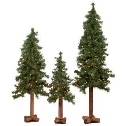 Set Of 3 Pre-Lit Woodland Alpine Artificial Christmas Trees 5' - Clear Lights