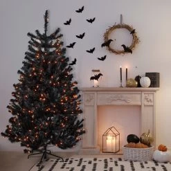 6ft Pre-Lit Black Noble Spruce Artificial Halloween Tree, Orange Lights