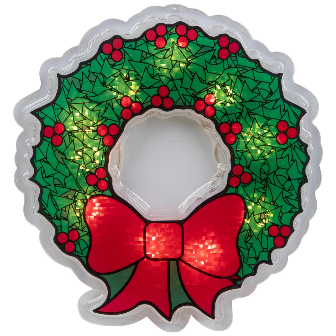 11" Green And Red Lighted Wreath Christmas Window Silhouette Decoration 4 11" Green And Red Lighted Wreath Christmas Window Silhouette Decoration - Image 2
