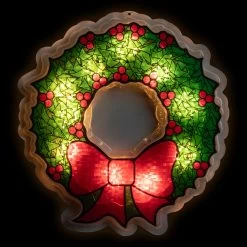 11" Green And Red Lighted Wreath Christmas Window Silhouette Decoration