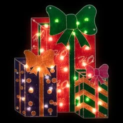 17" Green And Red Double-Sided Lighted Holographic Shimmering Christmas Presents Window Silhouette