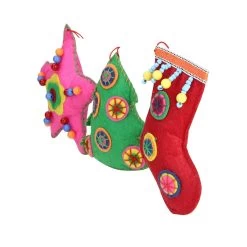 Set Of 3 Vibrantly Colored Bohemian Plush Star, Tree, And Stocking Christmas Ornaments 5" -Christmas Decoration Store raz 3814135 3 07230.1667659728